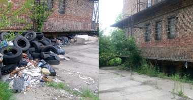 Teren obok magazynu przy ul. Kłońskiej przed i po interwencji strażnika rejonowego