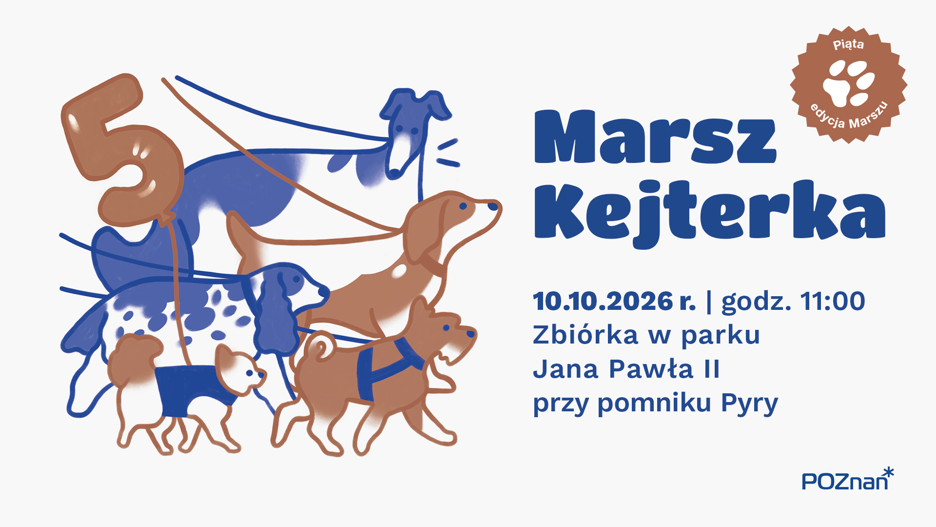 Grafika przygotowana przez organizatorów Marszu Kejterka, przedstawia spacer z psami prowadzonych na smyczy