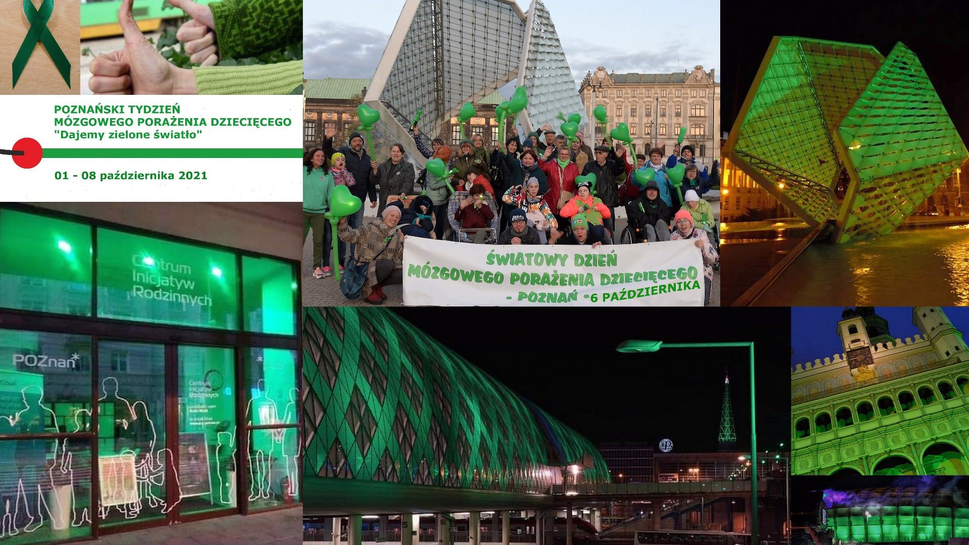 Kolaż zdjęć przedstawiający podświetlone na zielono budynki - grafika artykułu