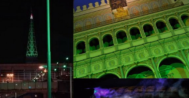 Kolaż zdjęć przedstawiający podświetlone na zielono budynki